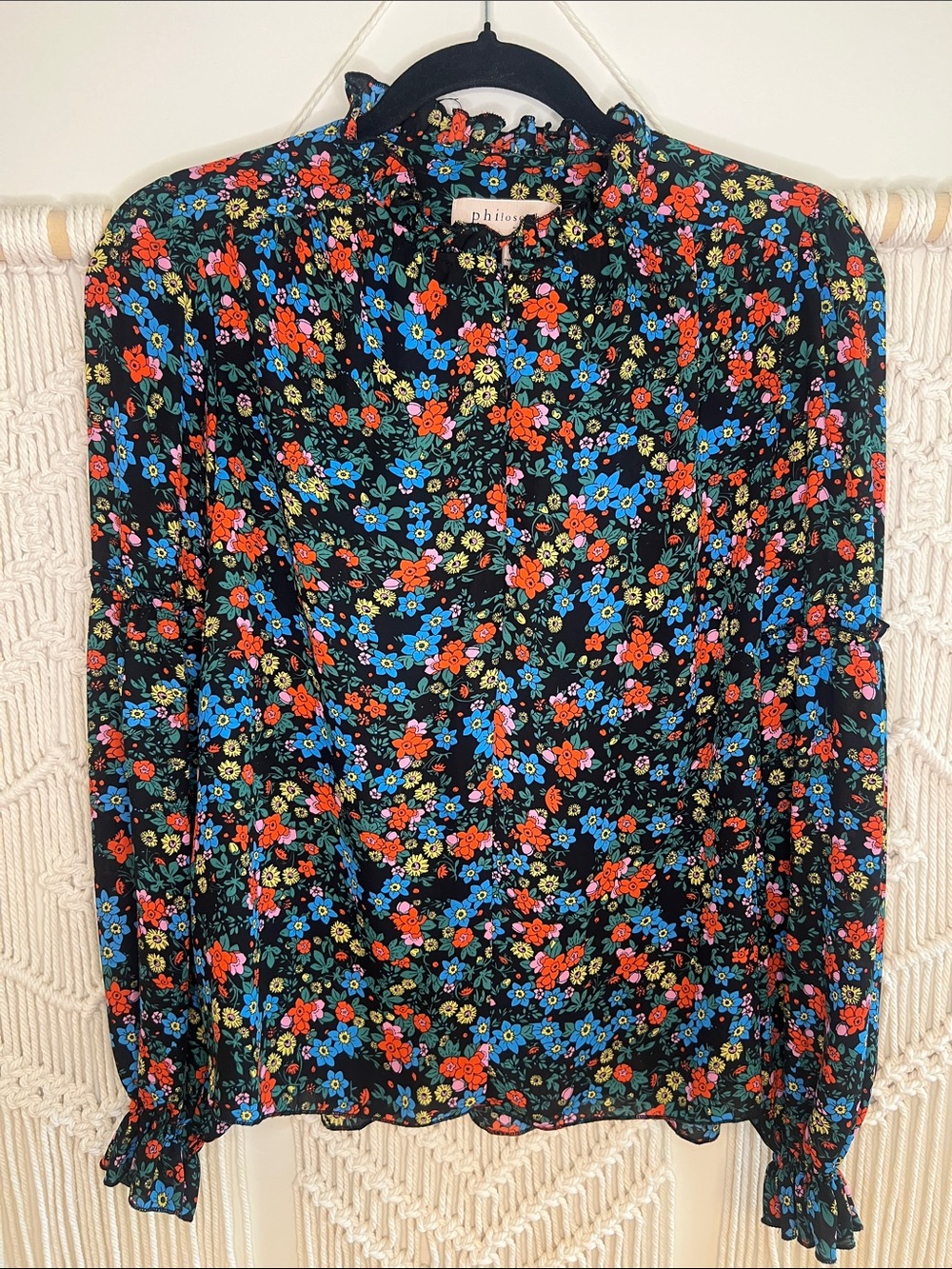 Philosophy Black Floral Ruffle-Neck Blouse with Blue & Red Blooms